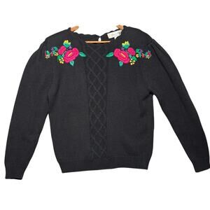 Private Party Vintage Black Pink Floral Embroidered Granny Sweater Women Medium